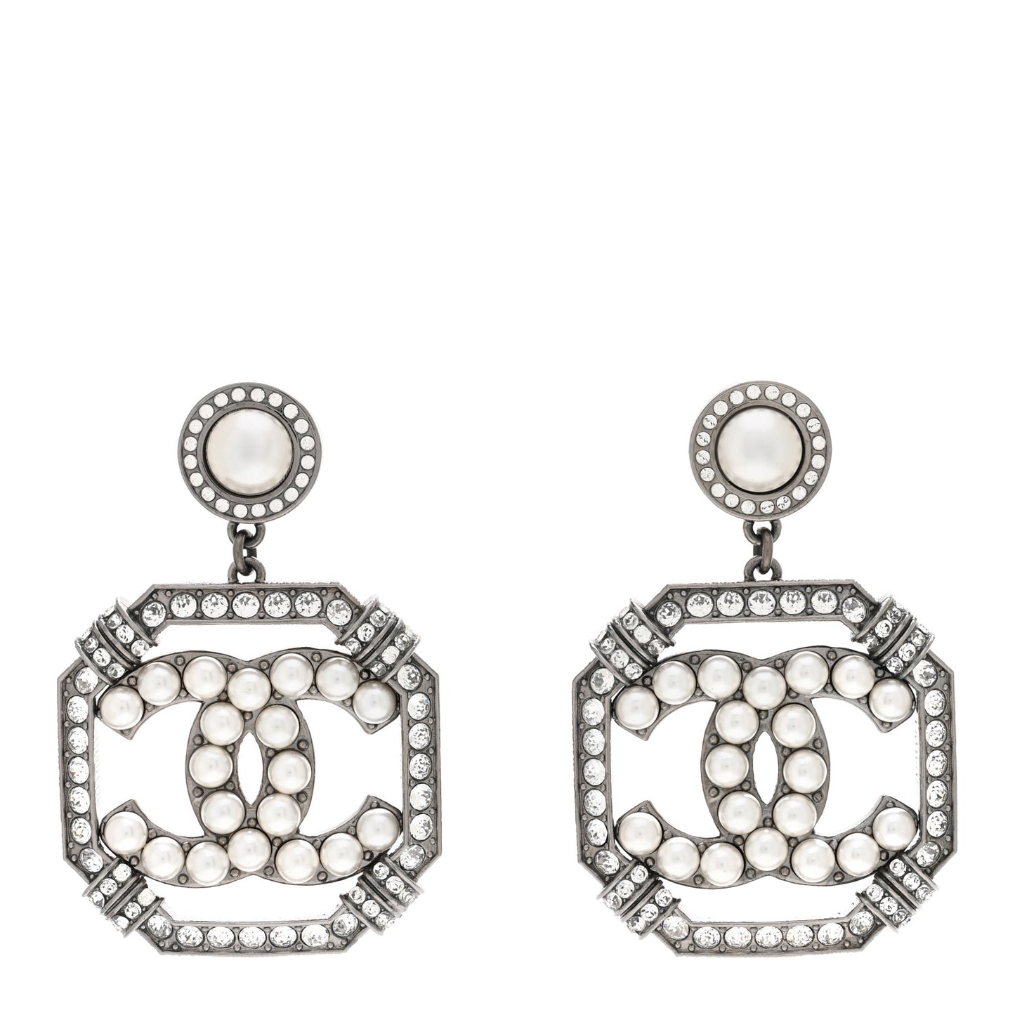 Pearl Crystal CC Drop Earrings Silver