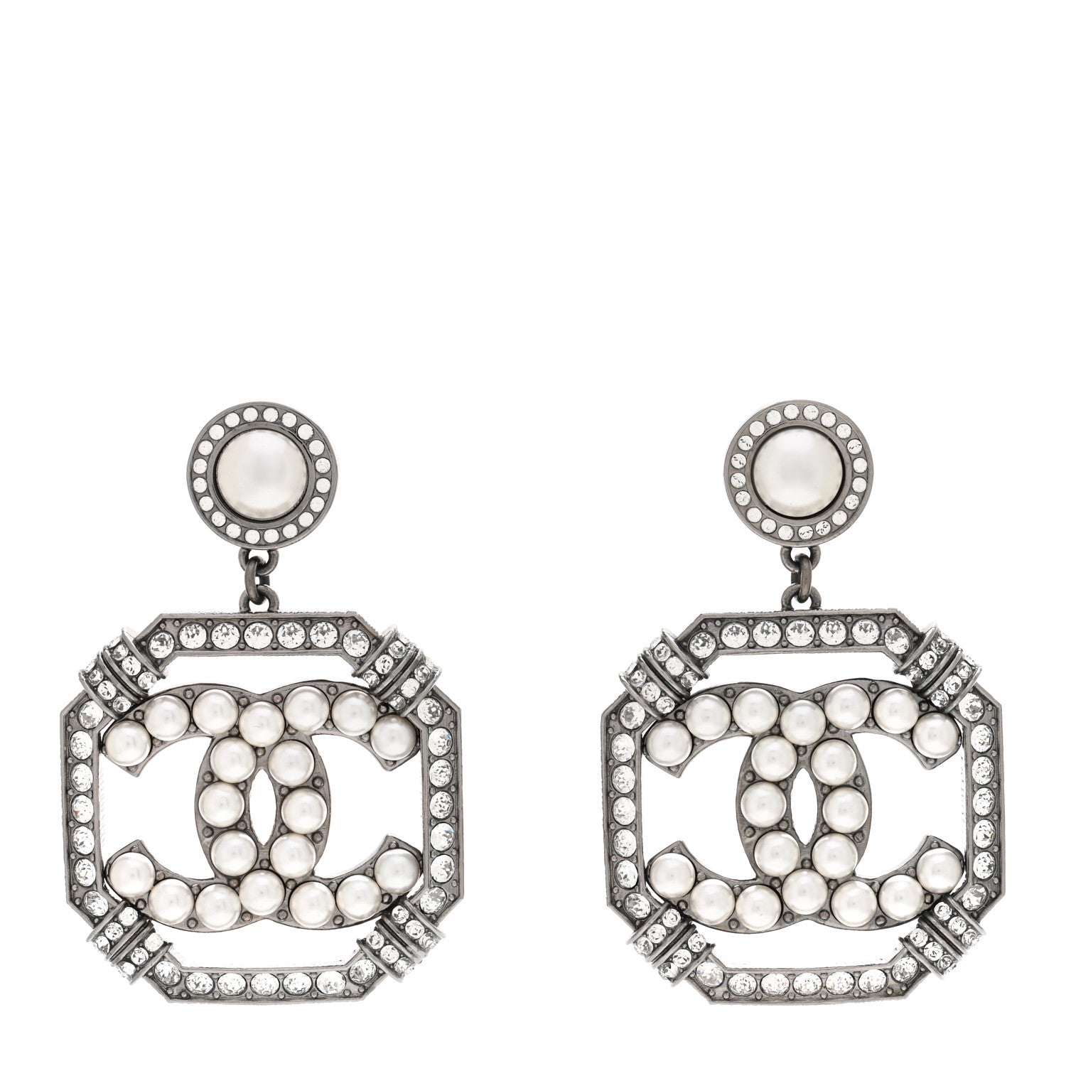 Chanel Pearl Crystal CC Drop Earrings Silver 1 of 4