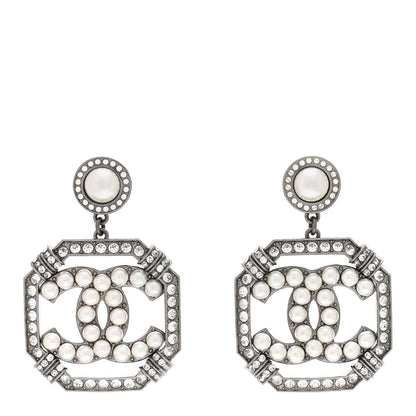 Chanel Pearl Crystal CC Drop Earrings Silver 1 of 4