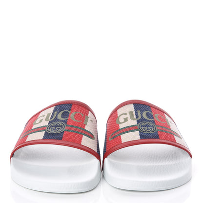 Gucci Canvas Sylvie Stripe Logo Mens Pursuit Slide Sandals 13 Mystic White Hibiscus Red Maritime 2 of 8