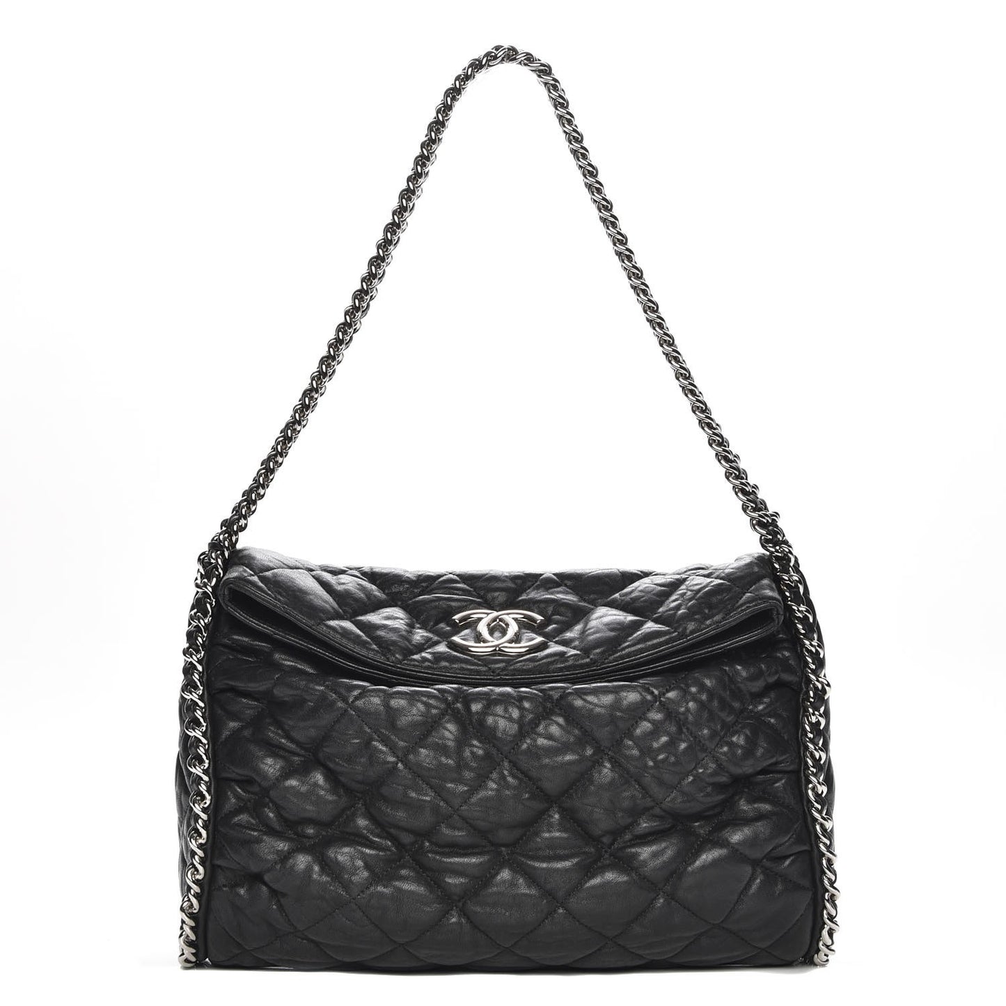 Washed Lambskin Chain Around Hobo Black