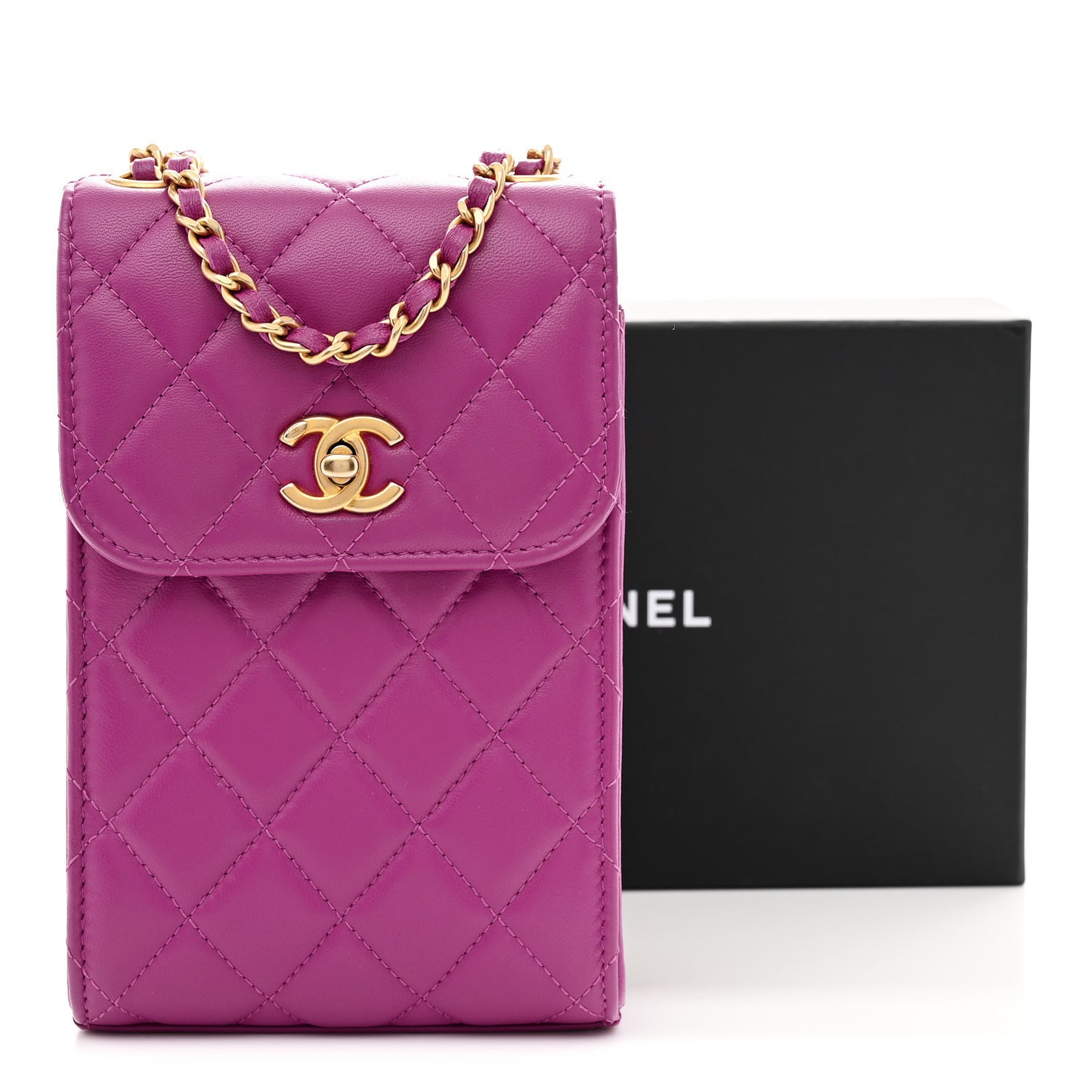 Lambskin Quilted Pearl Crush Phone Holder With Chain Purple