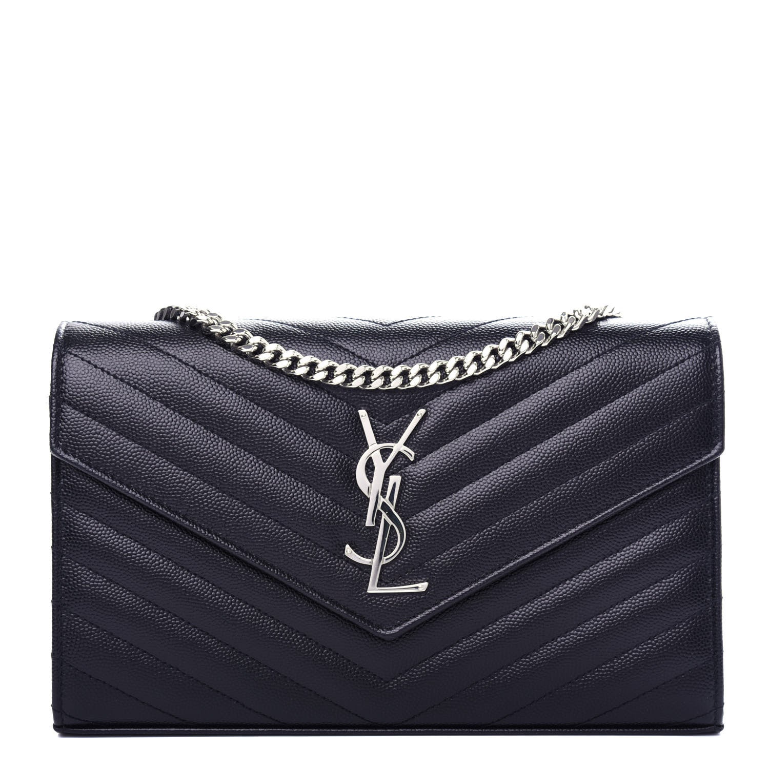 Saint Laurent Grain De Poudre Matelasse Chevron Monogram Chain Wallet Black 1 of 9