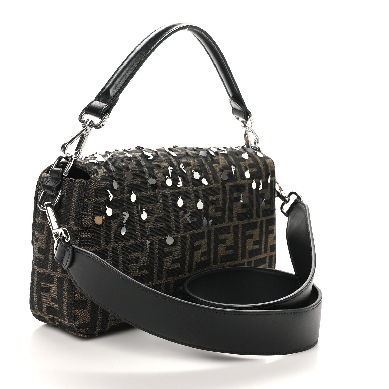 Fendi Fabric Jacquard F Paillettes Vitello Cover FF 1974 Embroidered Baguette Tobacco Moro Argento 2 of 10