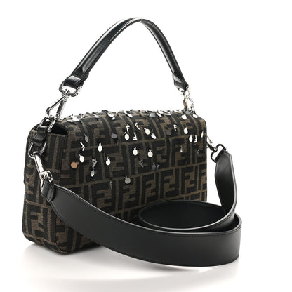 Fendi Fabric Jacquard F Paillettes Vitello Cover FF 1974 Embroidered Baguette Tobacco Moro Argento 2 of 10