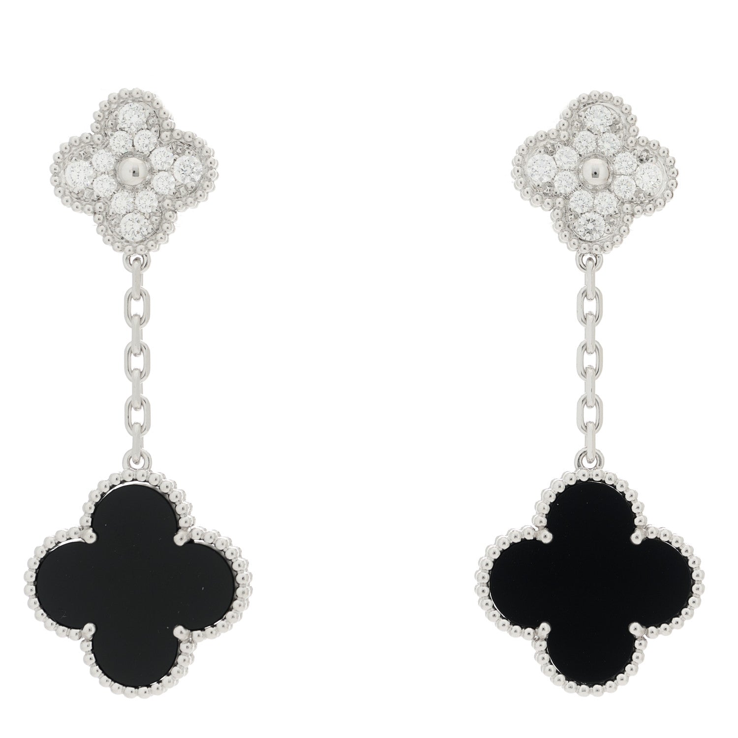 Van Cleef & Arpels 18K White Gold Diamond Black Onyx Magic Alhambra 2 Motifs Earrings 1 of 5