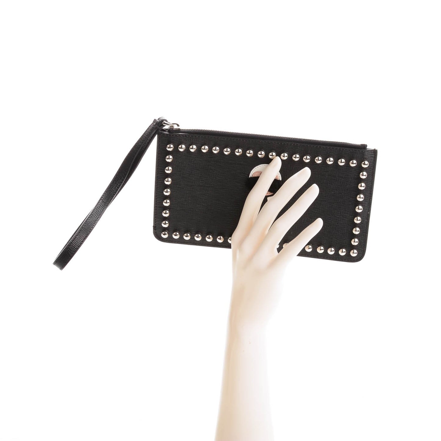 Vitello Elite Mink Fur Studded Karlito Zip Pouch Black