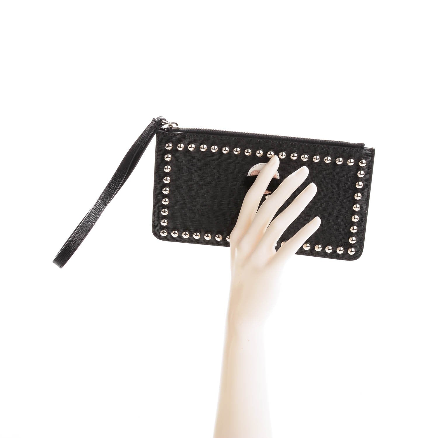 Fendi Vitello Elite Mink Fur Studded Karlito Zip Pouch Black 2 of 7