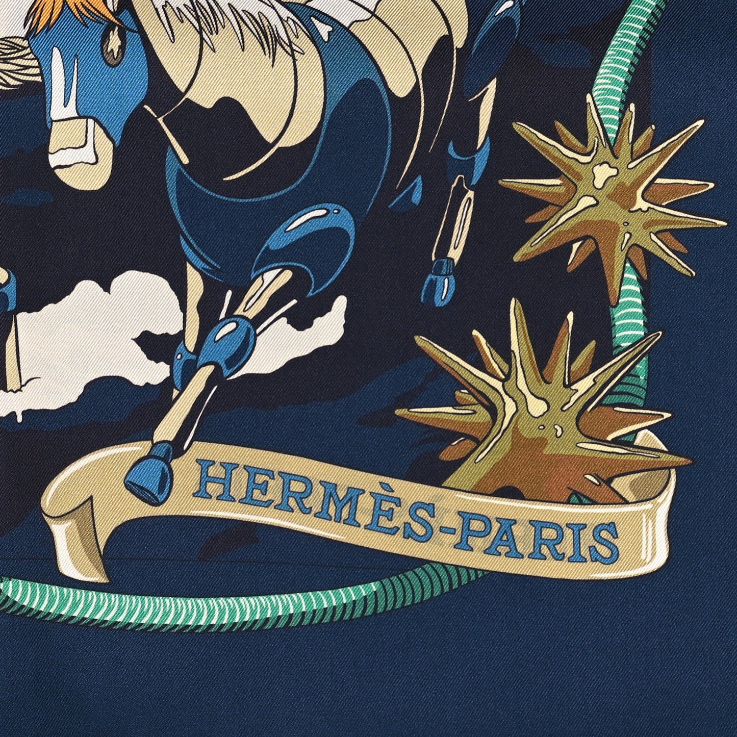 Silk Les Mustangs Double Face Scarf 90 Bleu Noir Mandarine