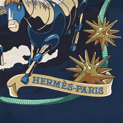 Hermes Silk Les Mustangs Double Face Scarf 90 Bleu Noir Mandarine 3 of 5