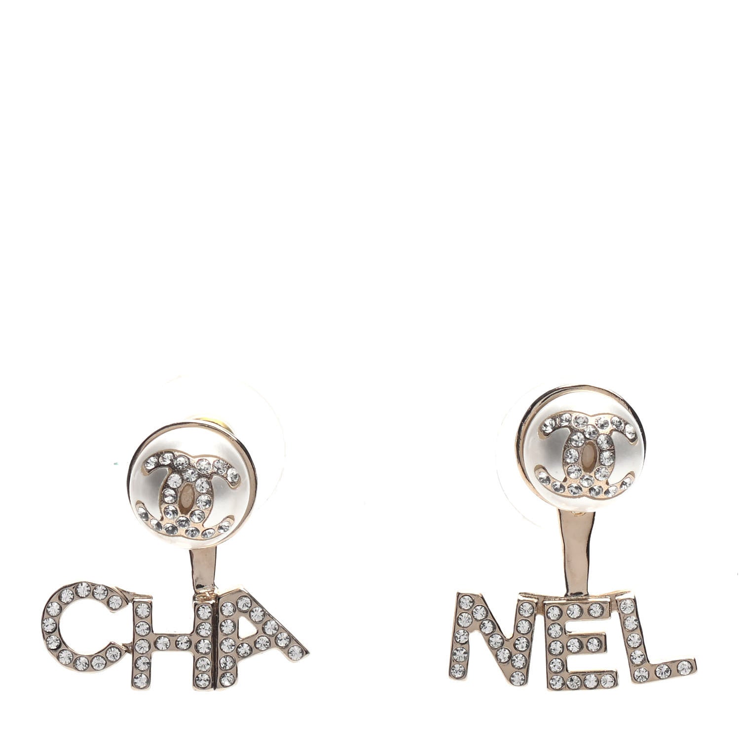 Chanel Pearl Crystal Logo Earrings Gold Pearly White 1 of 5