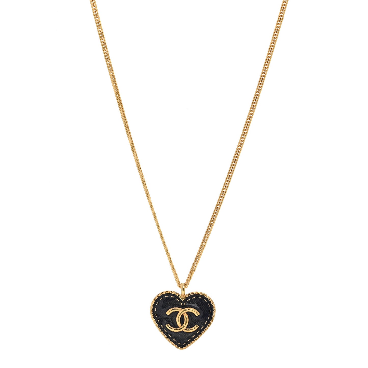 Metal Enamel CC Denim Heart Necklace Gold