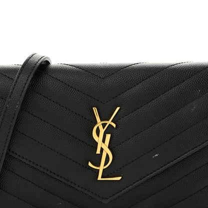 Saint Laurent Grain De Poudre Matelasse Chevron Monogram Envelope Chain Wallet Black 8 of 15