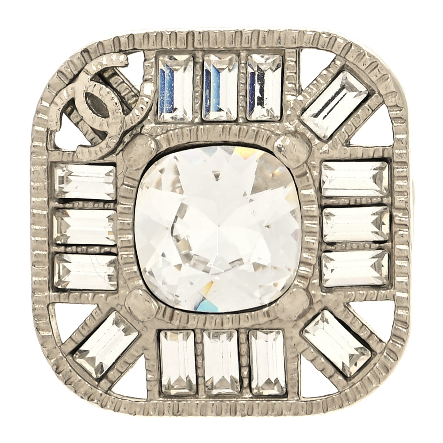 Metal Crystal Baguette CC Square Ring 53 6.5 Silver