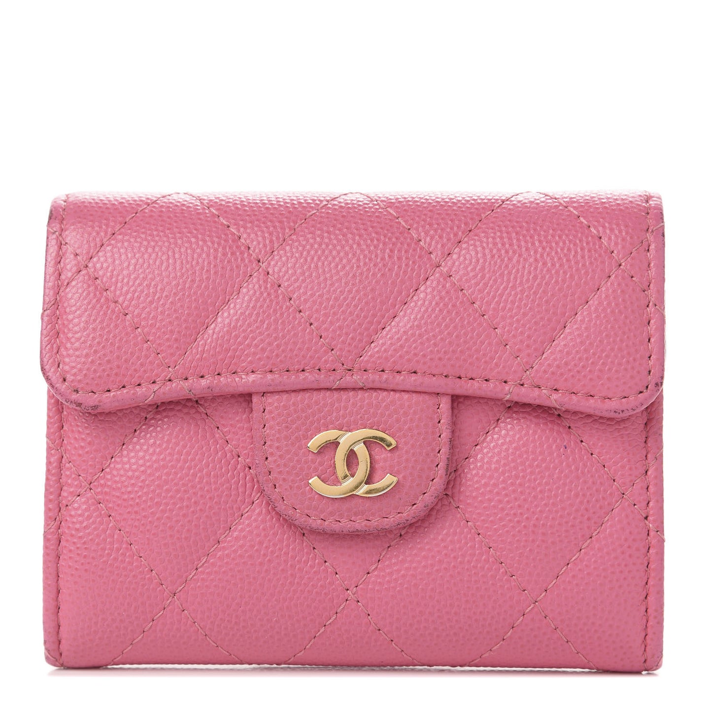 Iridescent Caviar Quilted Flap Card Holder Wallet Pink