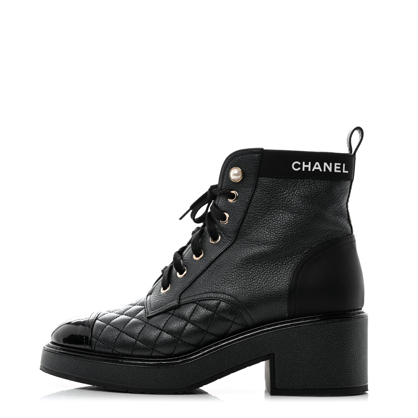 Pearly Calfskin Patent Calfskin Lace Up Combat Boots 38 Black