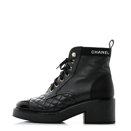 Chanel Pearly Calfskin Patent Calfskin Lace Up Combat Boots 38 Black 1 of 9