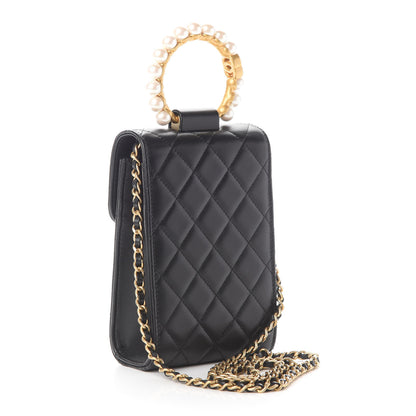 Chanel Lambskin Quilted Pearl Crown Phone Holder Black 3 of 10
