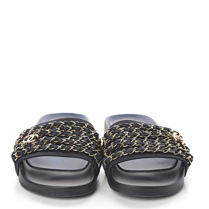 Chanel Satin Canvas Chain Flat Sandals 36 Marine 2 of 7