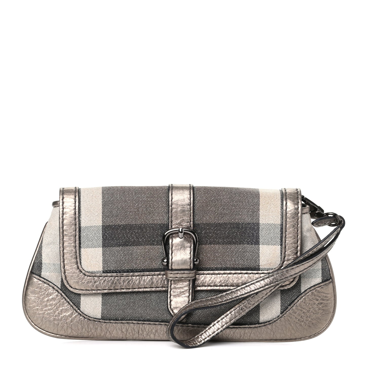 Metallic Calfskin Smoked Check Wristlet Pouch Pewter
