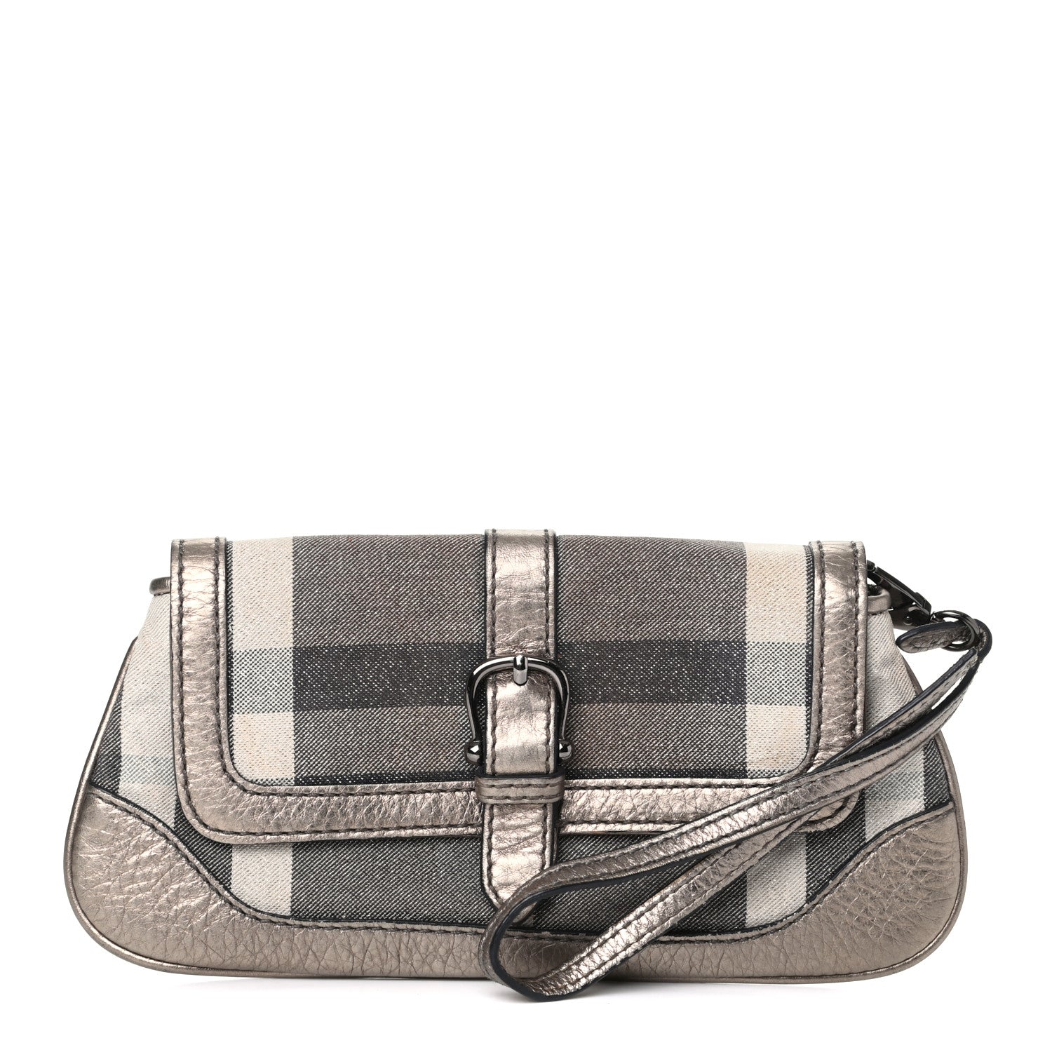 Burberry Metallic Calfskin Smoked Check Wristlet Pouch Pewter 1 of 9