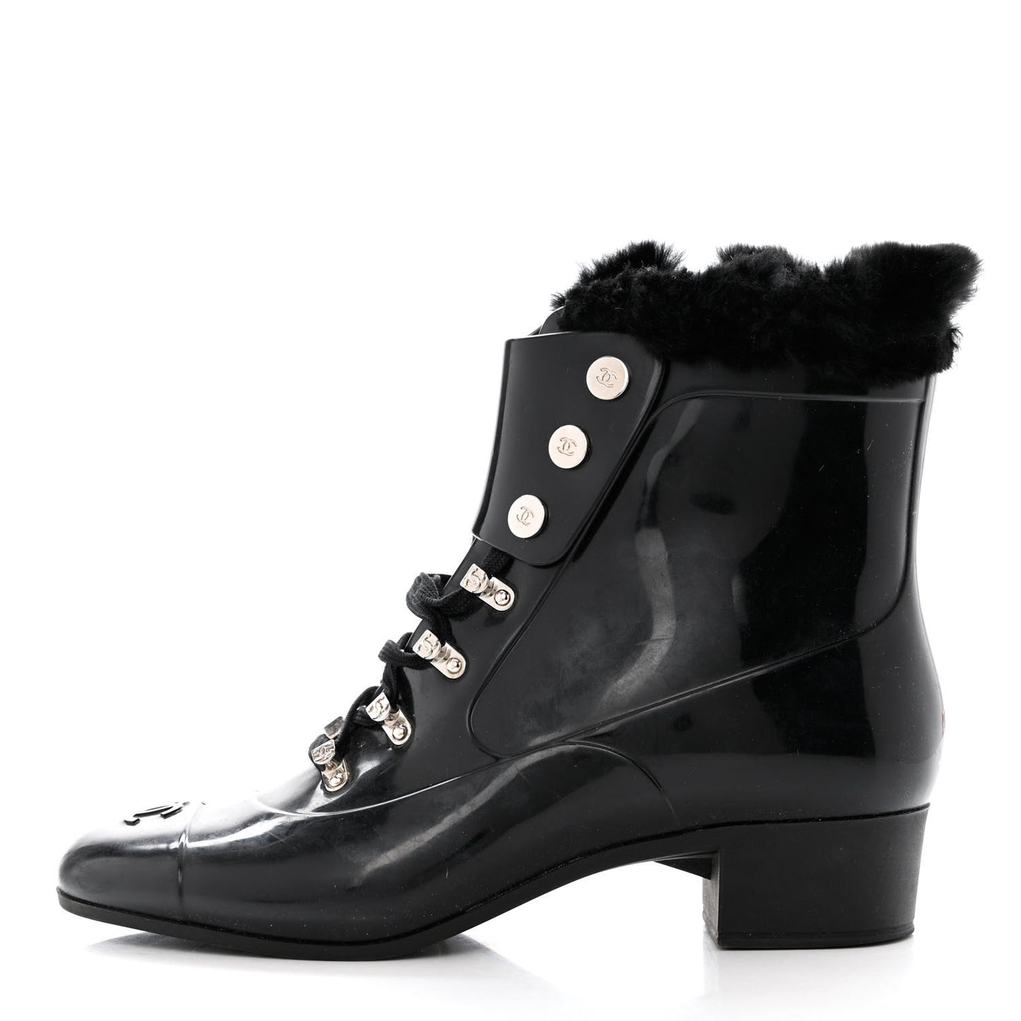 Rubber Rabbit Fur Lace Up Rain Boots 39 Black