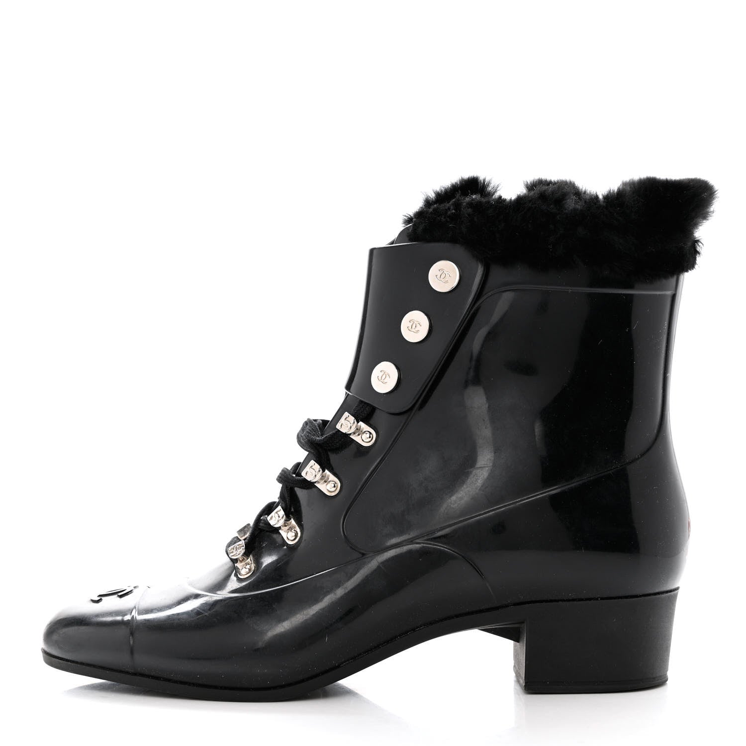 Chanel Rubber Rabbit Fur Lace Up Rain Boots 39 Black 1 of 8