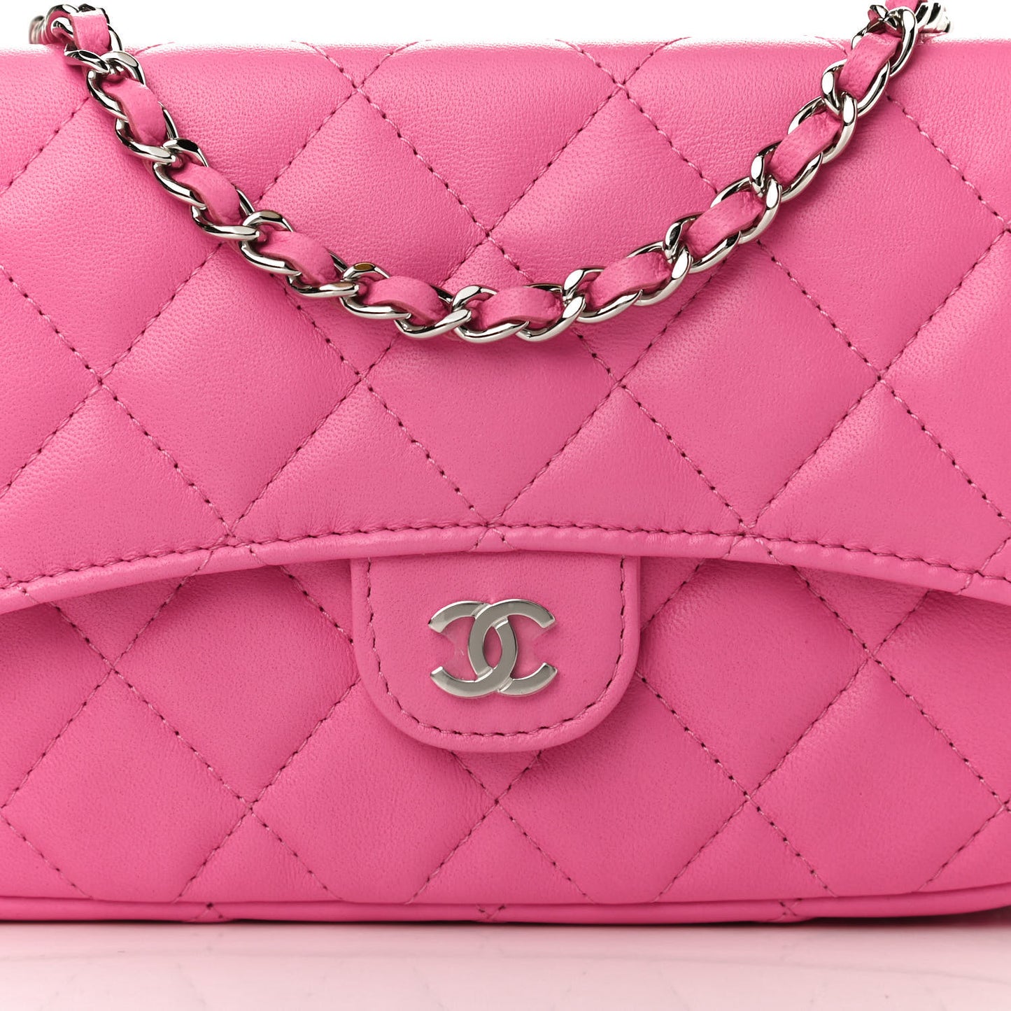Lambskin Quilted Flap Phone Holder With Chain Neon Pink