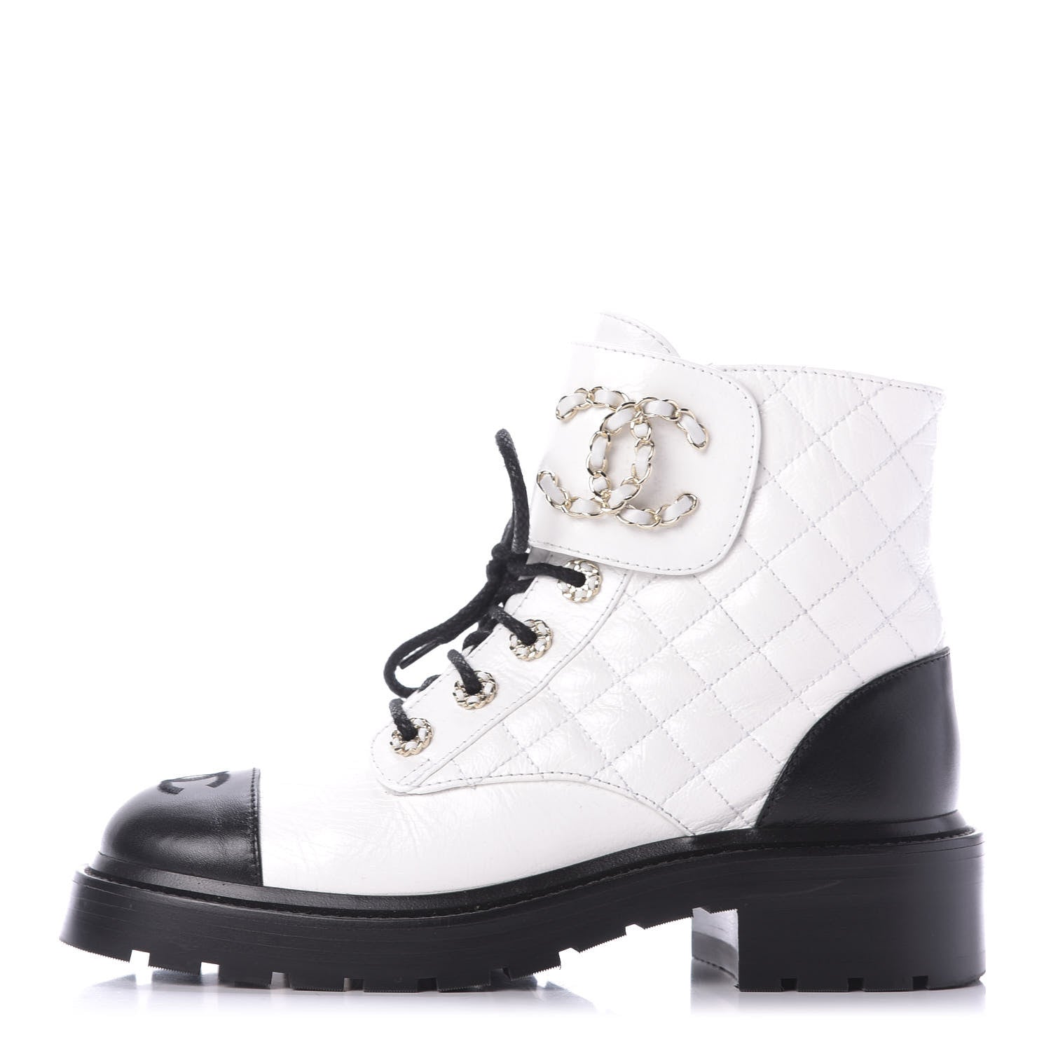 Chanel Shiny Goatskin Calfskin Quilted Lace Up Combat Boots 37.5 White Black 1 of 10
