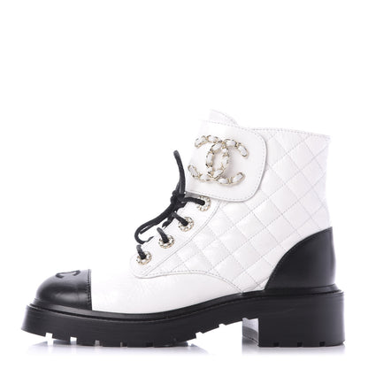 Chanel Shiny Goatskin Calfskin Quilted Lace Up Combat Boots 37.5 White Black 1 of 10