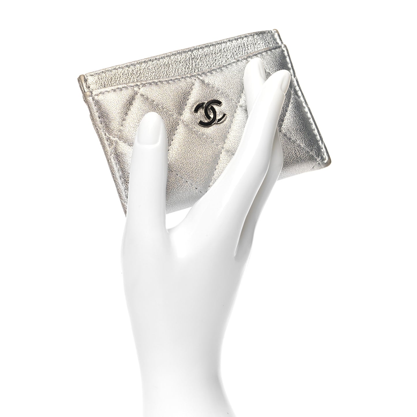Metallic Lambskin Quilted Card Holder Silver