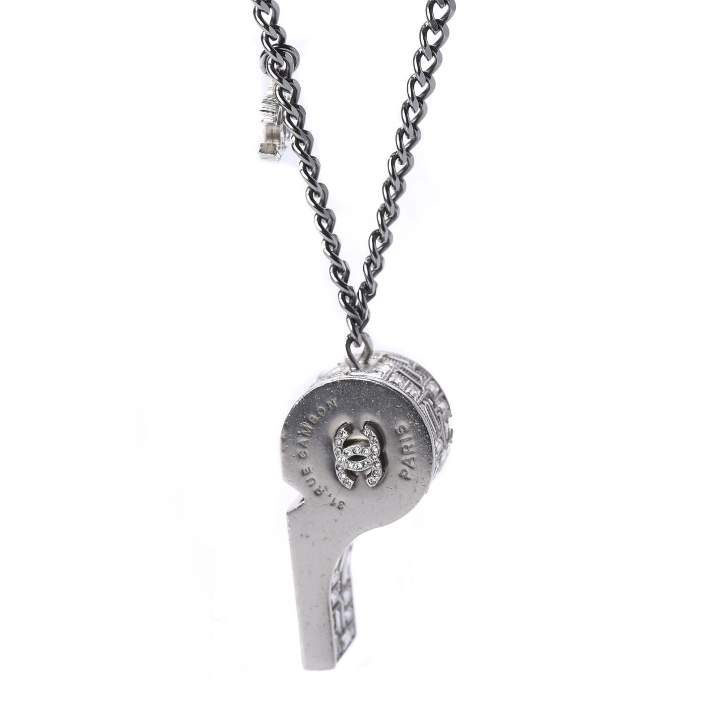 Crystal Baguette CC Whistle Pendant Necklace Silver