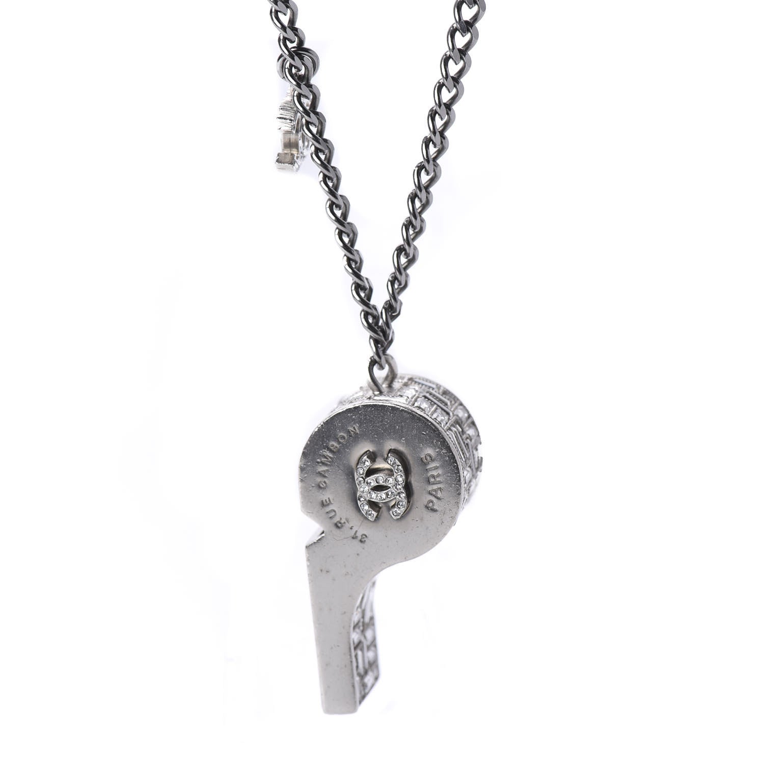 Chanel Crystal Baguette CC Whistle Pendant Necklace Silver 5 of 7