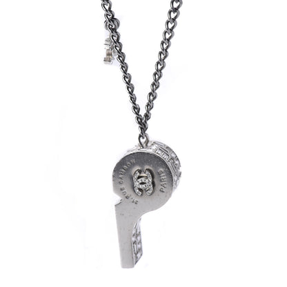 Chanel Crystal Baguette CC Whistle Pendant Necklace Silver 5 of 7