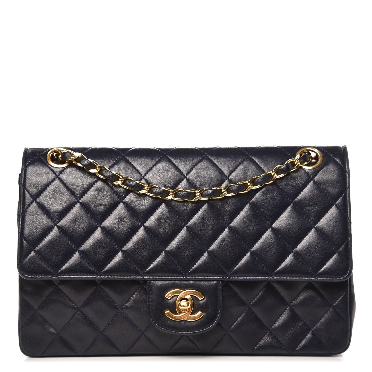 Lambskin Quilted Medium Double Flap Navy