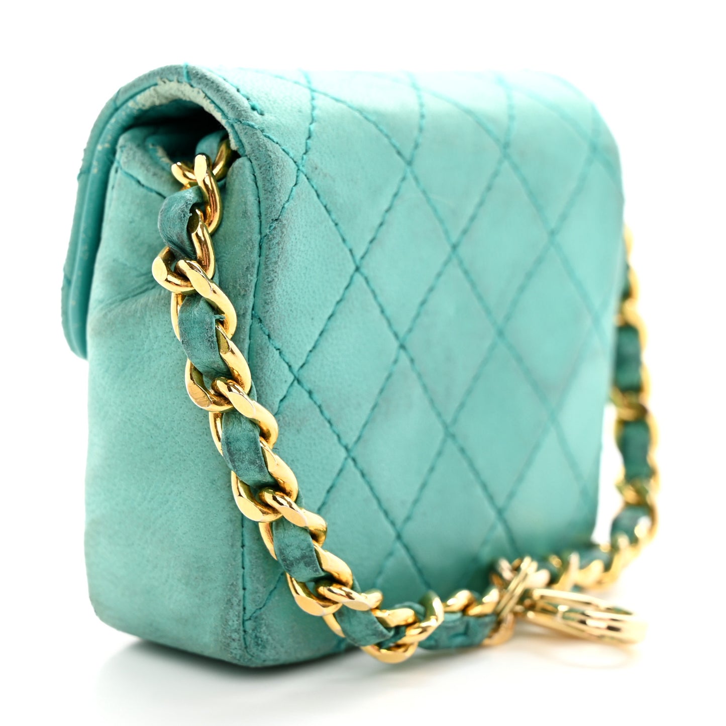 Lambskin Quilted Mini Pouch Bag Charm Keychain Turquoise