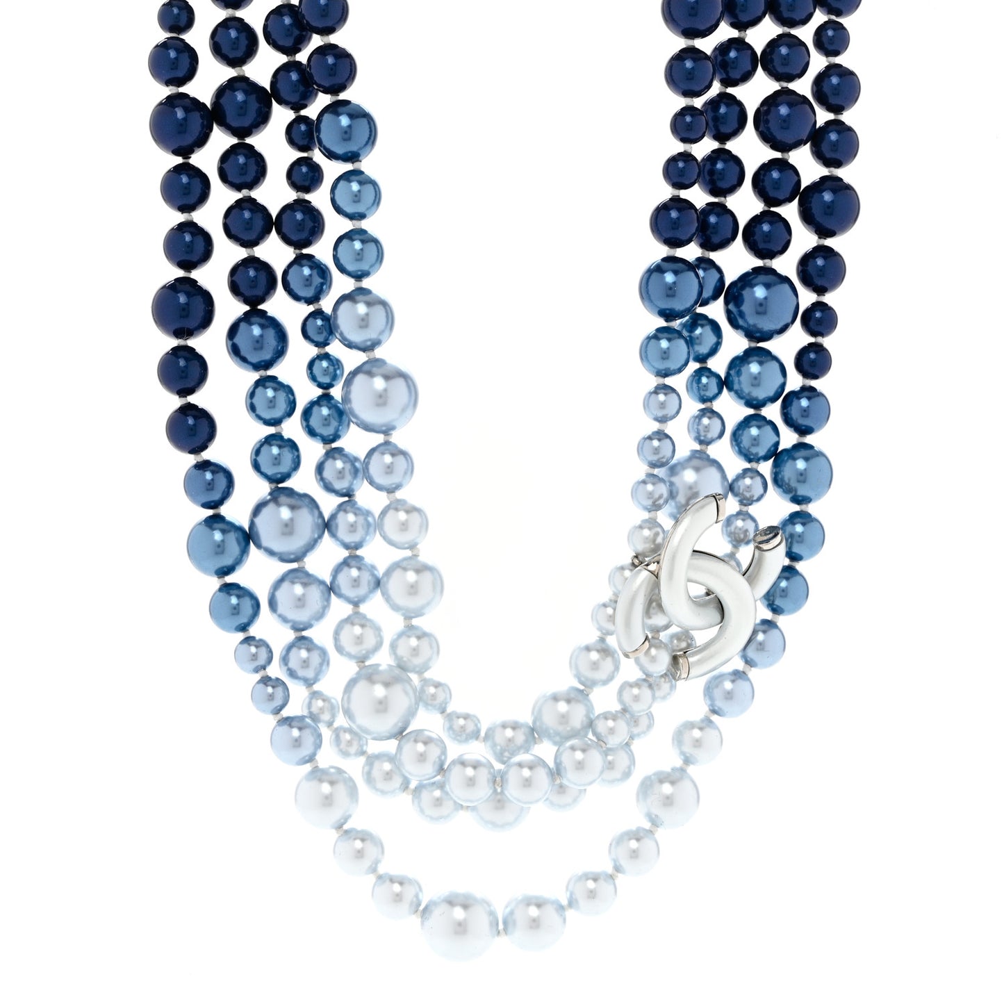 Pearl Beaded CC Multi Strand Choker Necklace Blue Silver