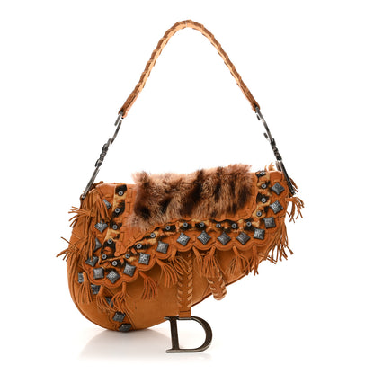 Christian Dior Suede Fur Studded Fringe Saddle Bag Brown 1 of 10