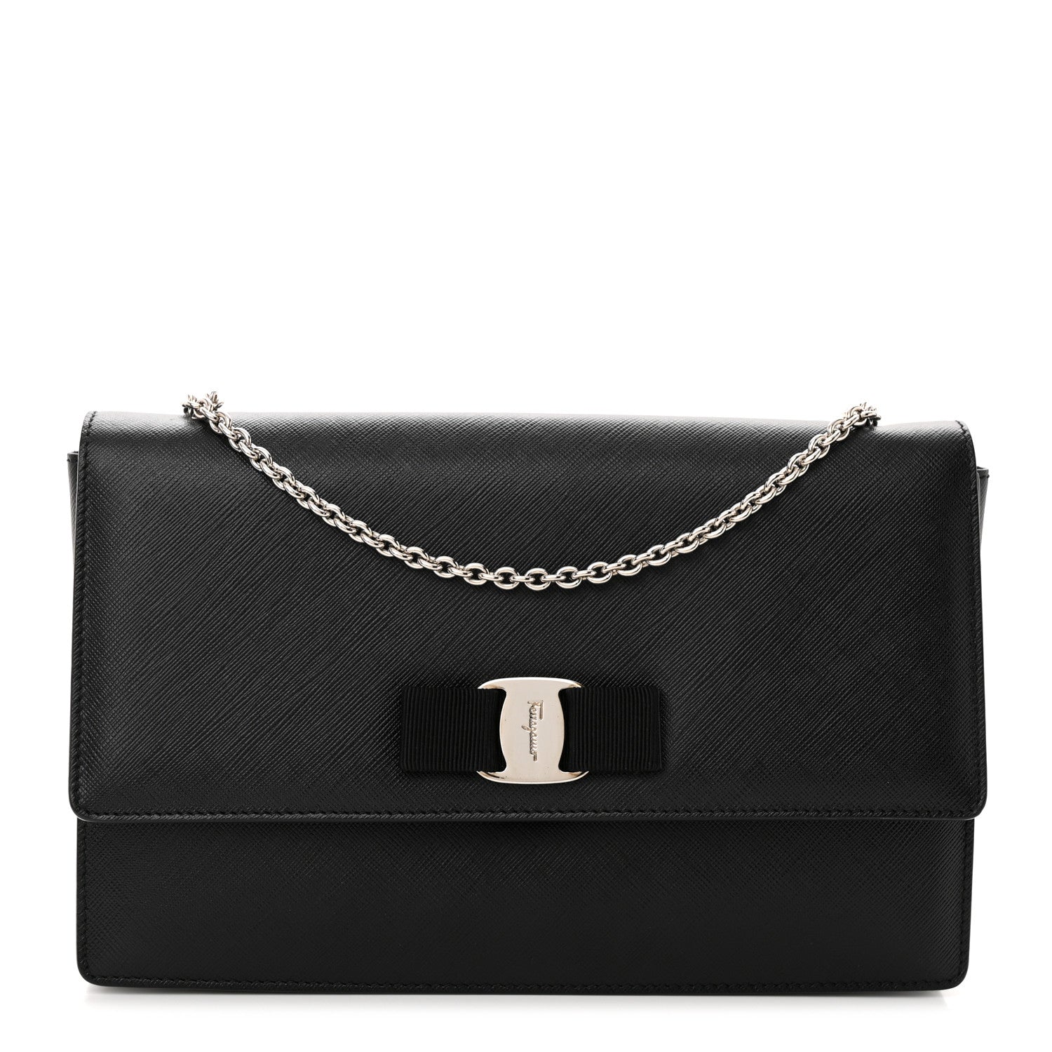 Salvatore Ferragamo Hammered Calfskin Vara Bow Chain Flap Crossbody Black 1 of 12