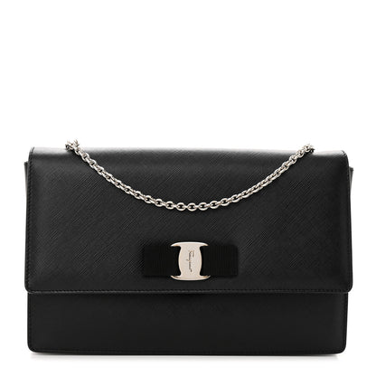 Salvatore Ferragamo Hammered Calfskin Vara Bow Chain Flap Crossbody Black 1 of 12