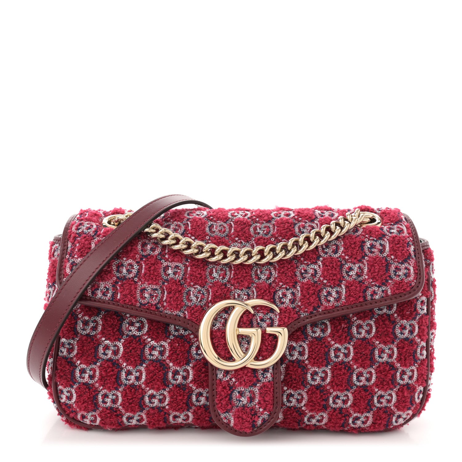 Gucci Wool Boucle Tweed Medium GG Marmont Shoulder Bag Blue Rosso Ancora 1 of 11
