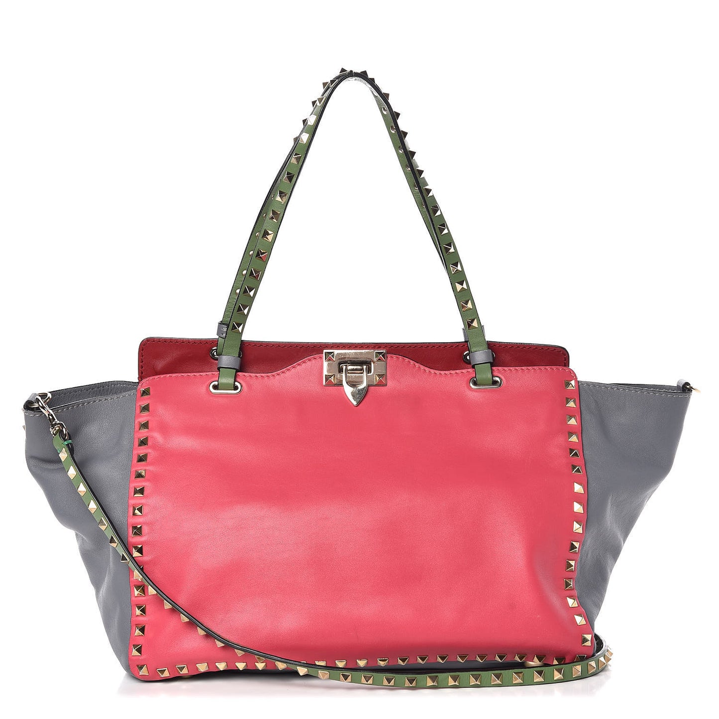 Vitello Colorblock Medium Rockstud Tote Deep Rose Clover Grey Scarlet