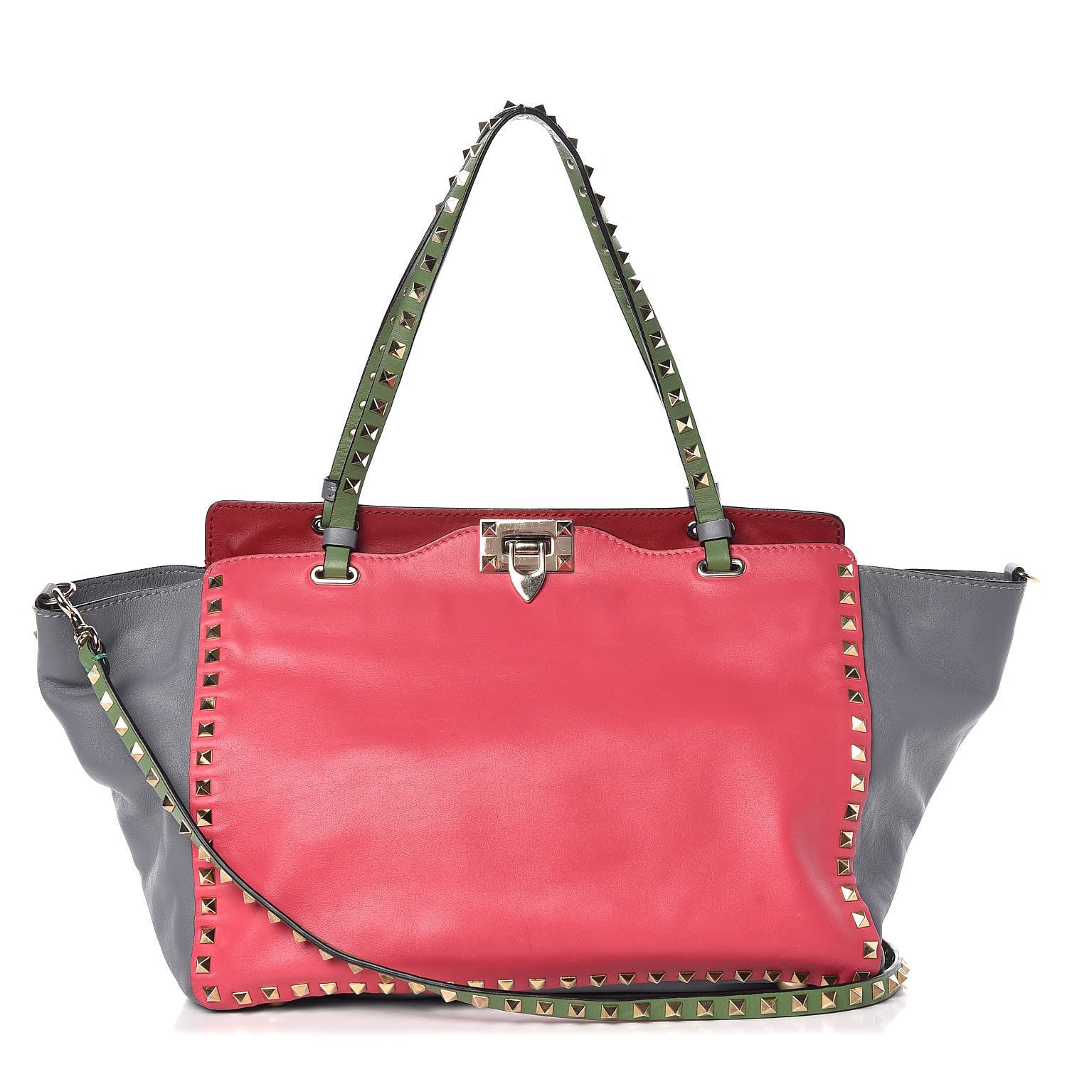 Valentino Garavani Vitello Colorblock Medium Rockstud Tote Deep Rose Clover Grey Scarlet 1 of 14