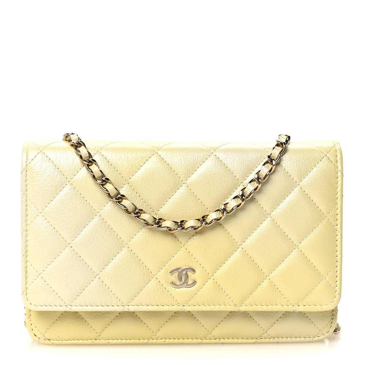 Iridescent Goatskin Quilted Wallet on Chain WOC Light Yellow