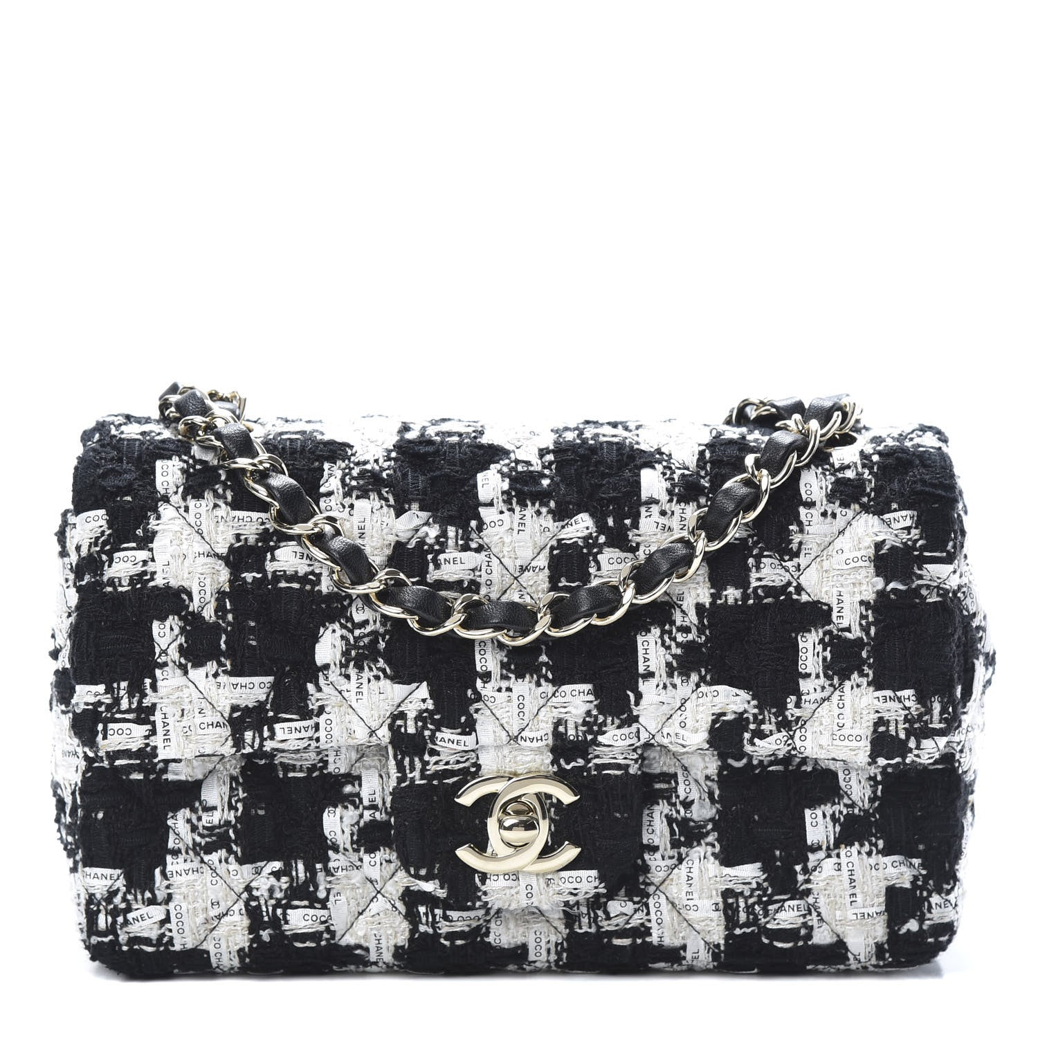 Chanel Tweed Quilted Mini Rectangular Flap Black Ecru White 1 of 12