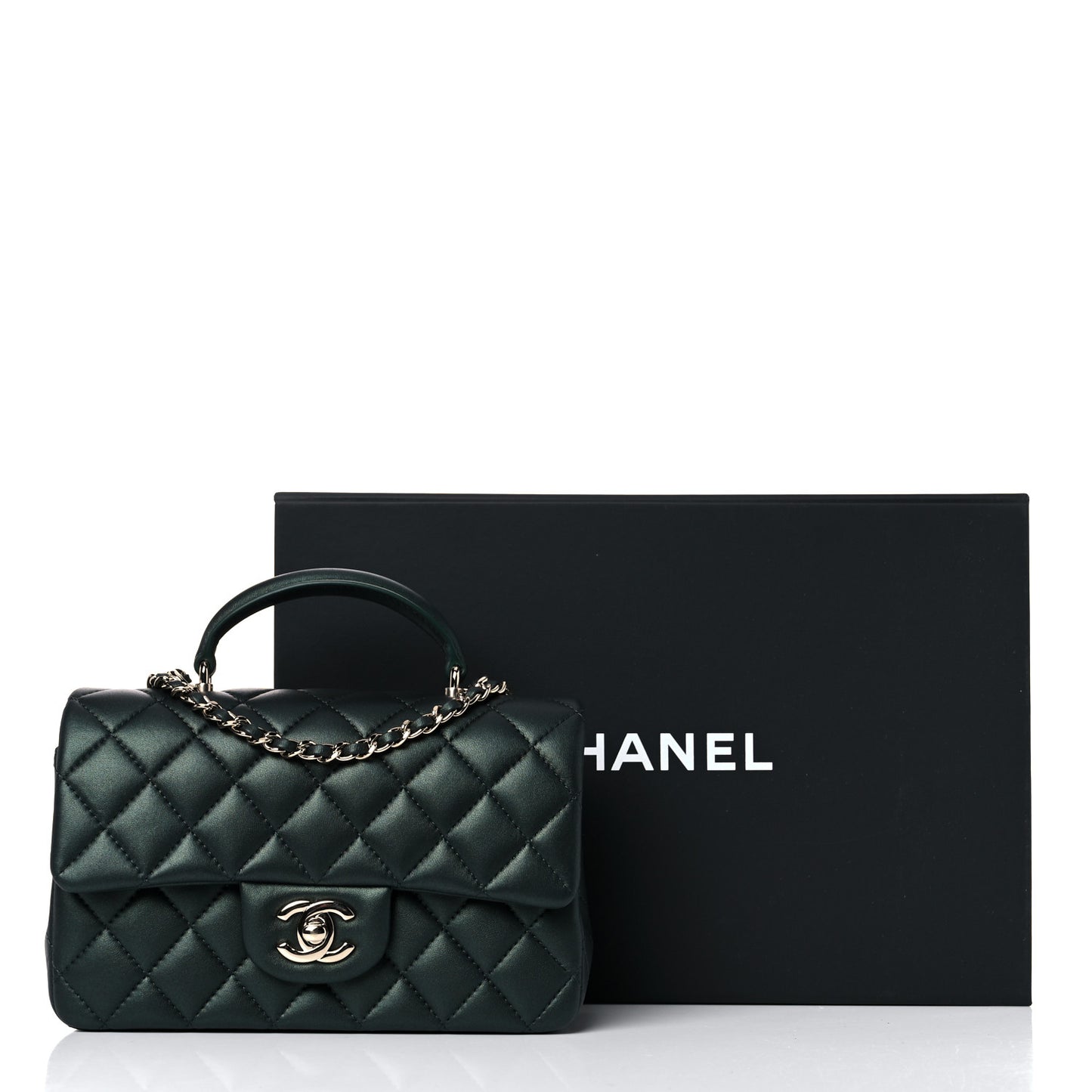 Iridescent Lambskin Quilted Mini Top Handle Rectangular Flap Dark Green