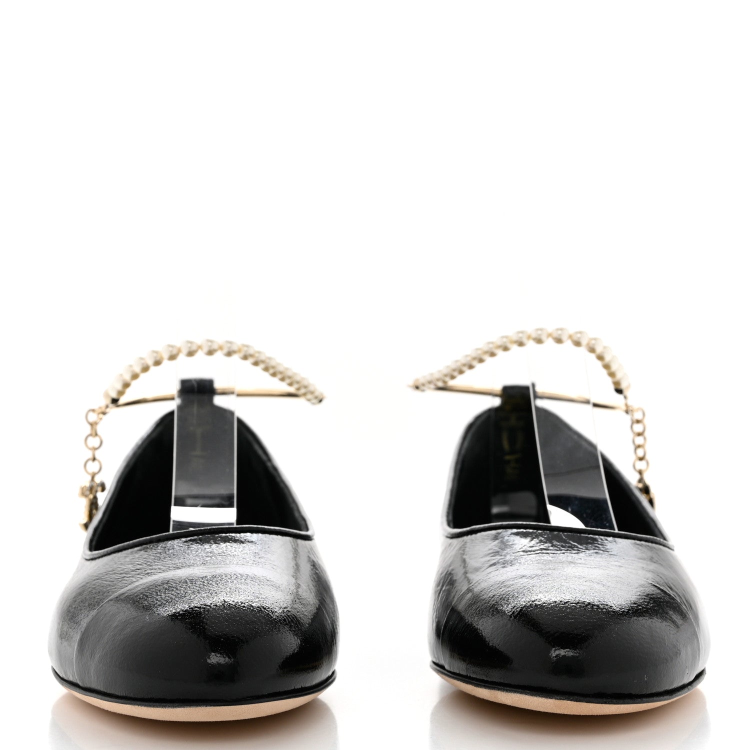 Chanel Lambskin Patent Calfskin Cap Toe Ankle Chain Ballerina Flats 37 Black 2 of 9