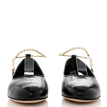 Chanel Lambskin Patent Calfskin Cap Toe Ankle Chain Ballerina Flats 37 Black 2 of 9