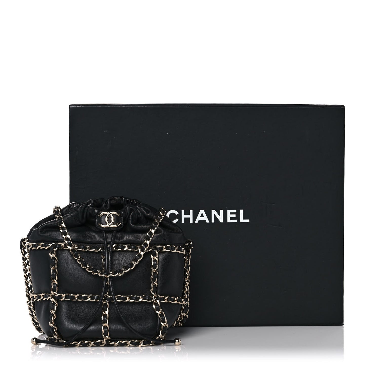 Lambskin Bucket Chain Drawstring Bag Black