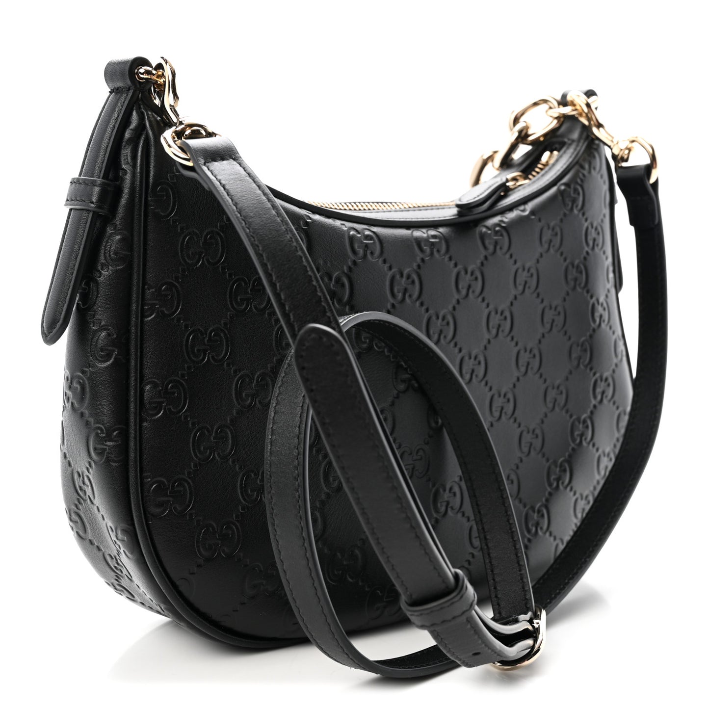 GG Calfskin Embossed Emblem Medium Half Moon Shoulder Bag Black